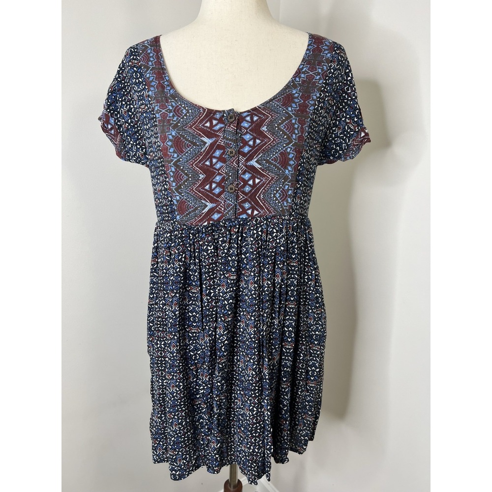 Free People XS Boho Babydoll Mini Dress Mixed Print Cutout Back Fairy Grunge